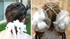 Gaya rambut untuk 1 September untuk anak perempuan: foto dengan busur dan pita